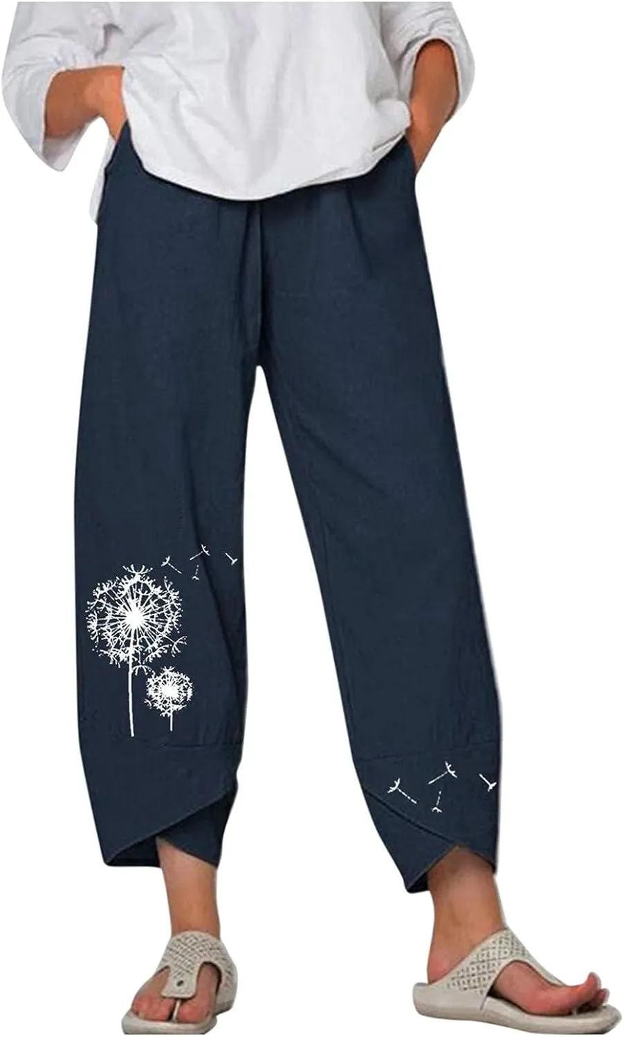 Bengbobar Womens Linen Wide Leg Pants Elastic High Waist Palazzo Pants Business Casual Loose Trousers with Pocket