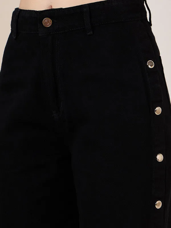 Berrylush Women Solid Black High-Rise Waist Four-Pocket Cotton Button Embellish Flared Regular Jeans