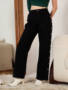Berrylush Women Solid Black High-Rise Waist Four-Pocket Cotton Button Embellish Flared Regular Jeans