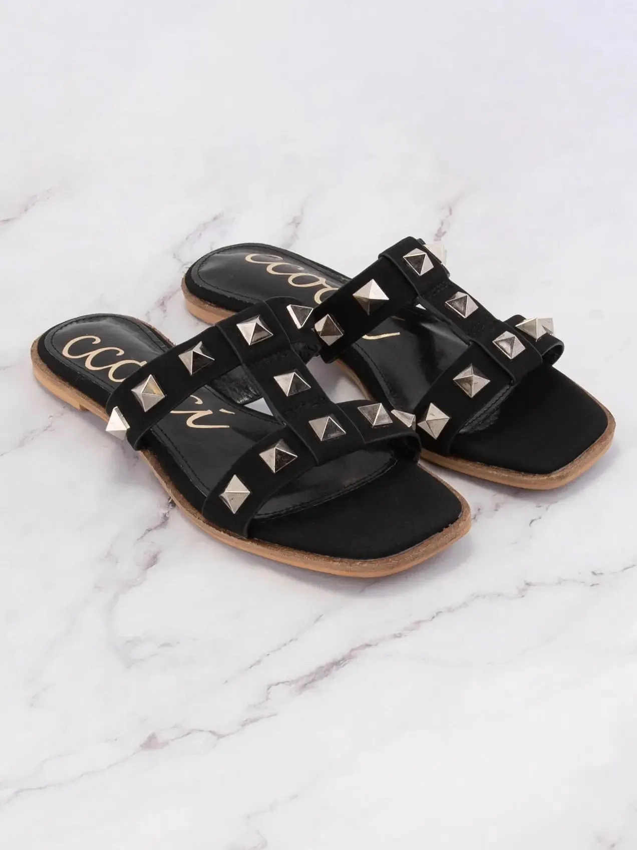 Black & Silver Rockstud Strap Slide Sandals
