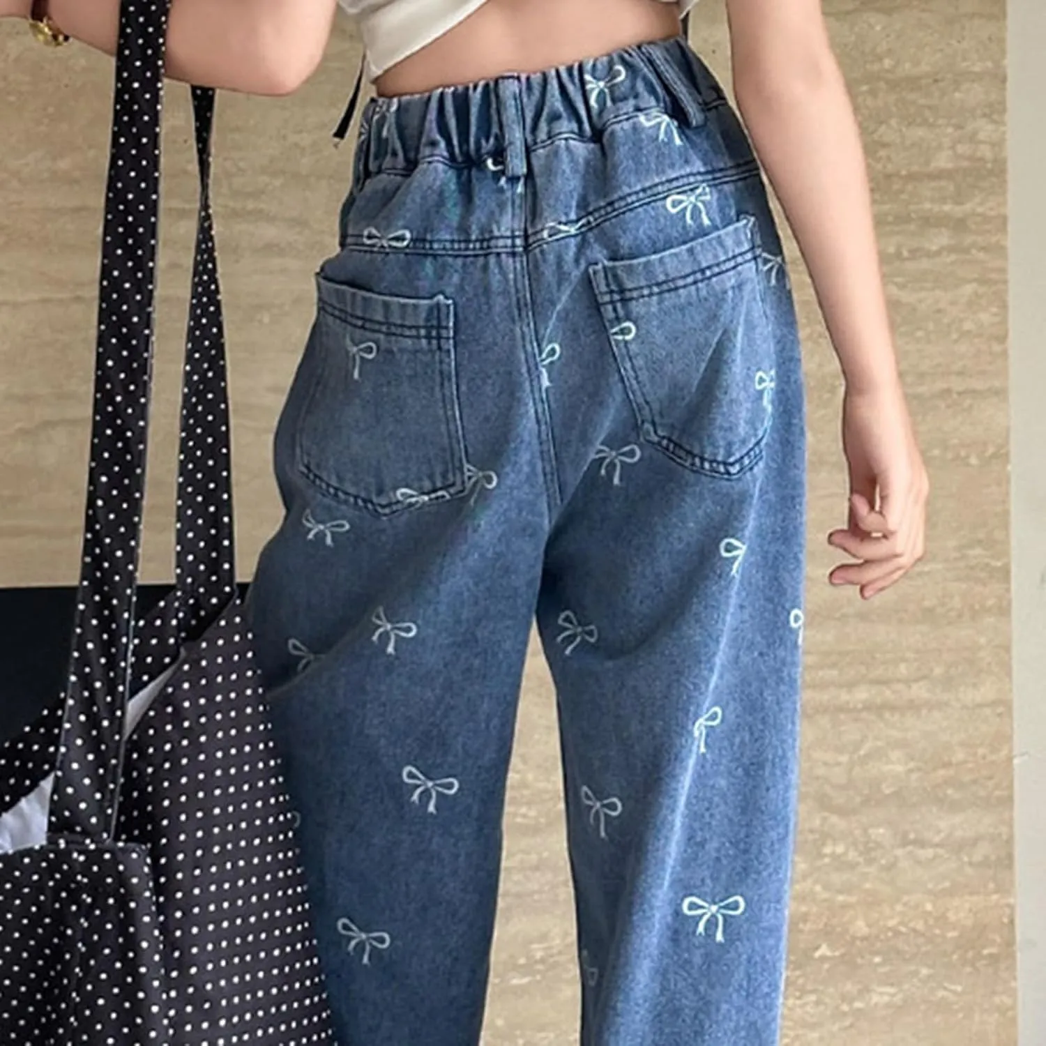 Boys Jeans Y2k Jeans Butterfly Print Mid Rise Elastic Band Grunge Jeans Casual Ripped Wide Leg Jeans Teen Girls
