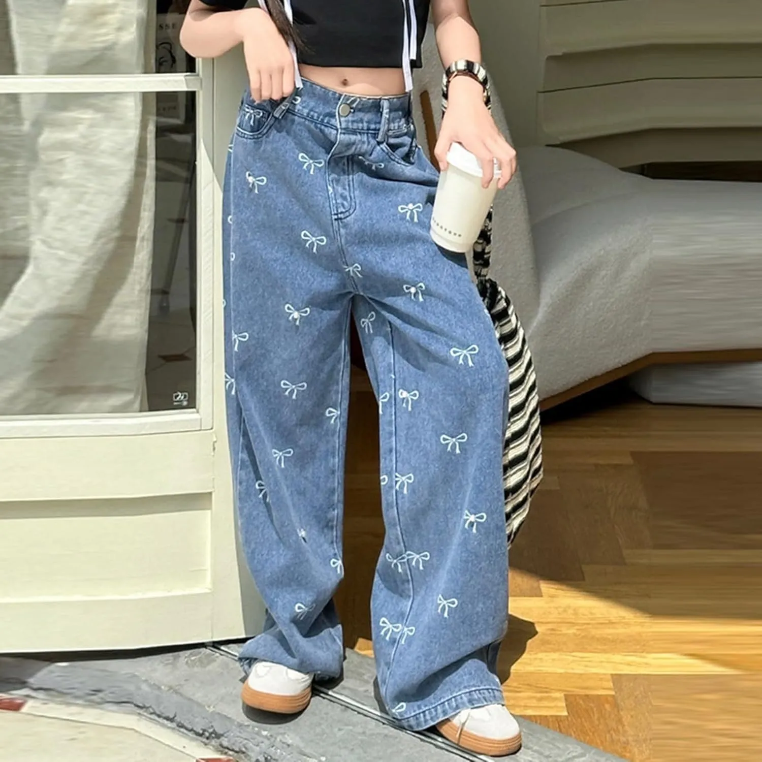 Boys Jeans Y2k Jeans Butterfly Print Mid Rise Elastic Band Grunge Jeans Casual Ripped Wide Leg Jeans Teen Girls