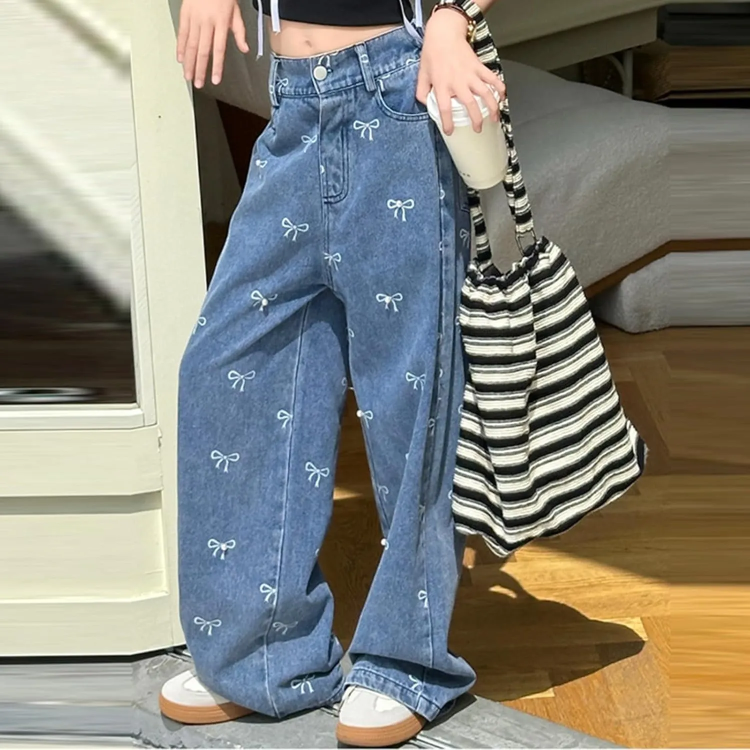 Boys Jeans Y2k Jeans Butterfly Print Mid Rise Elastic Band Grunge Jeans Casual Ripped Wide Leg Jeans Teen Girls