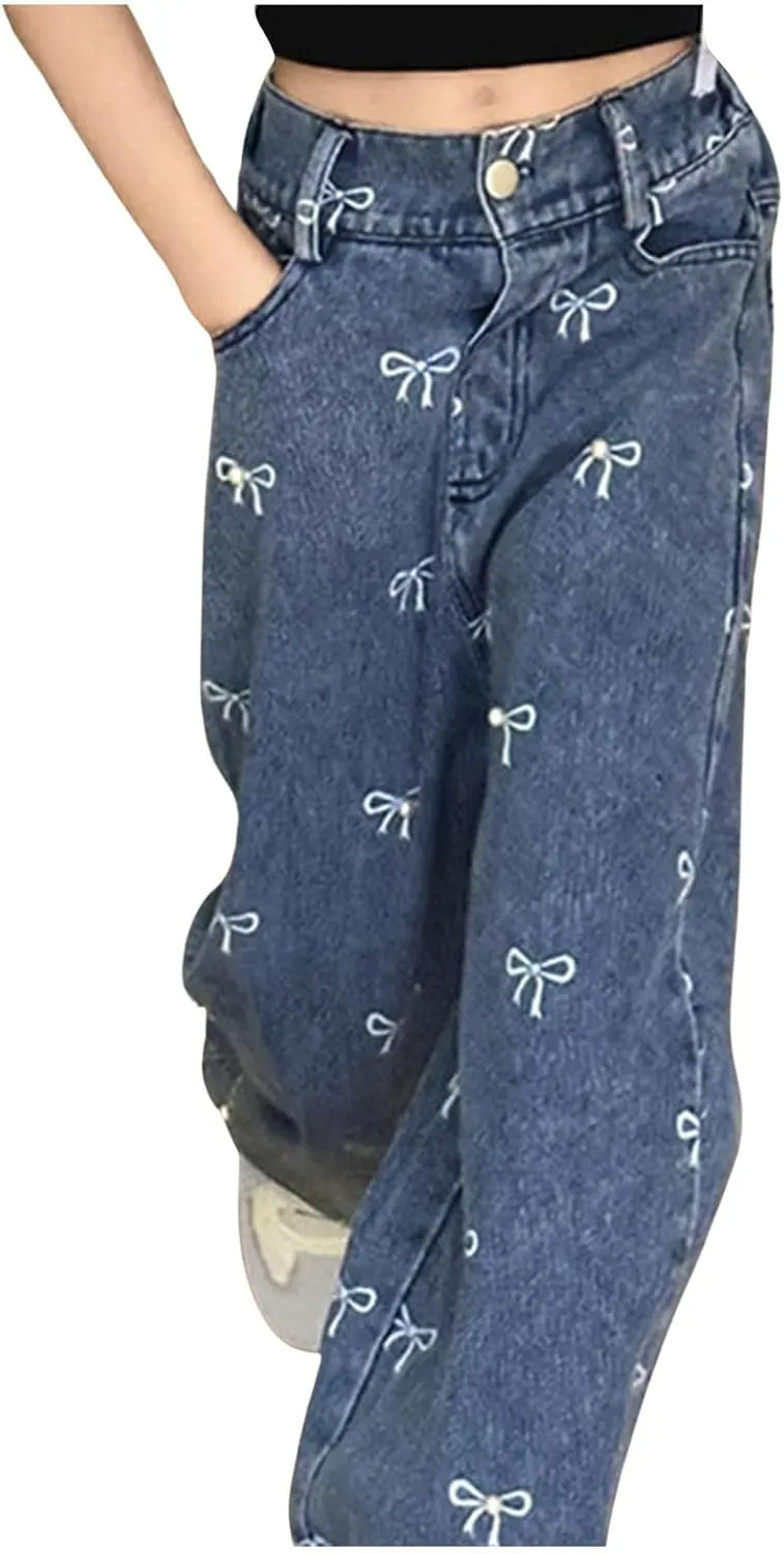 Boys Jeans Y2k Jeans Butterfly Print Mid Rise Elastic Band Grunge Jeans Casual Ripped Wide Leg Jeans Teen Girls