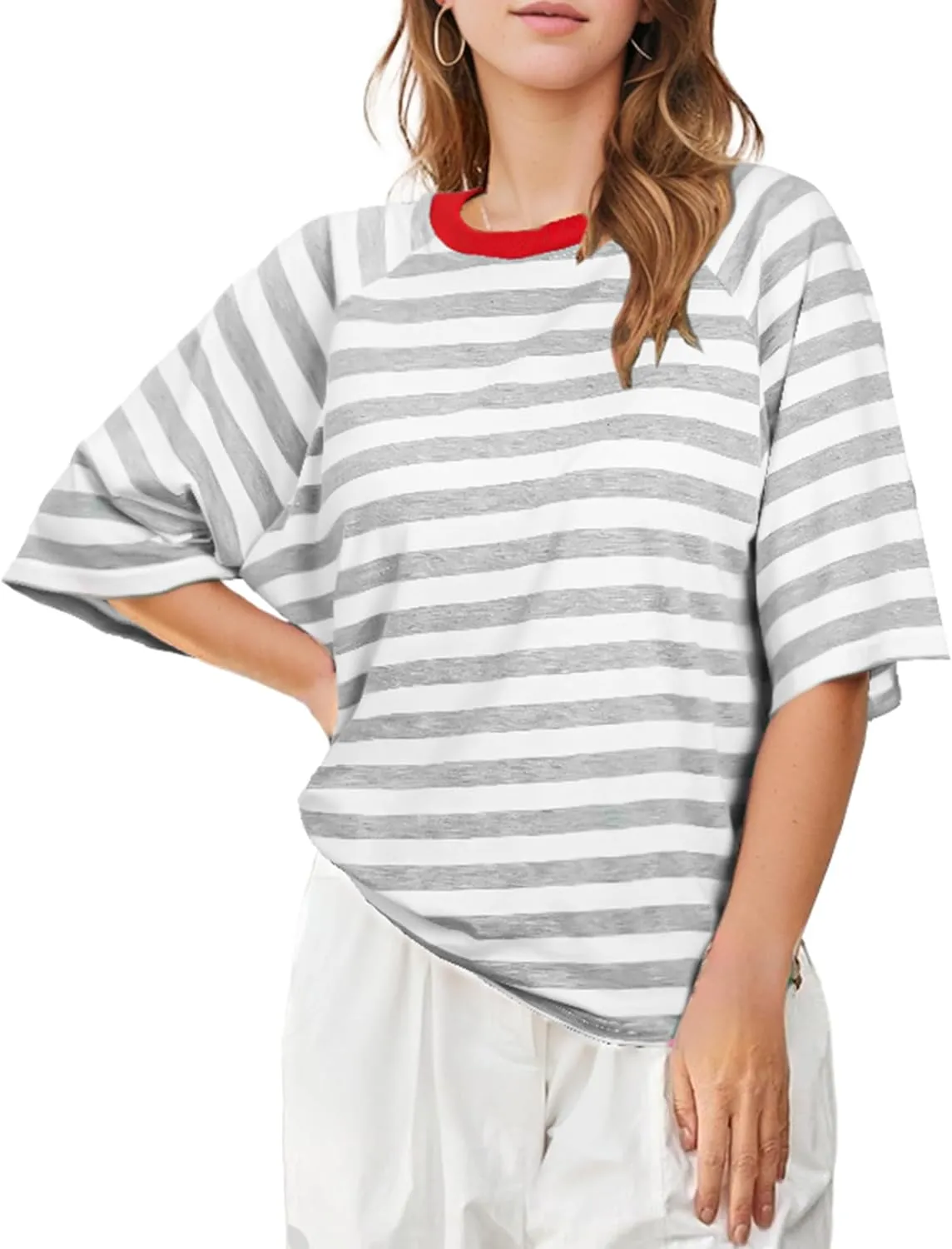 Buauty Women Oversized Striped T Shirts, Color Block Summer Tops, Crew Neck Short Sleeve Casual Tee, Fashion Trendy Loose Top