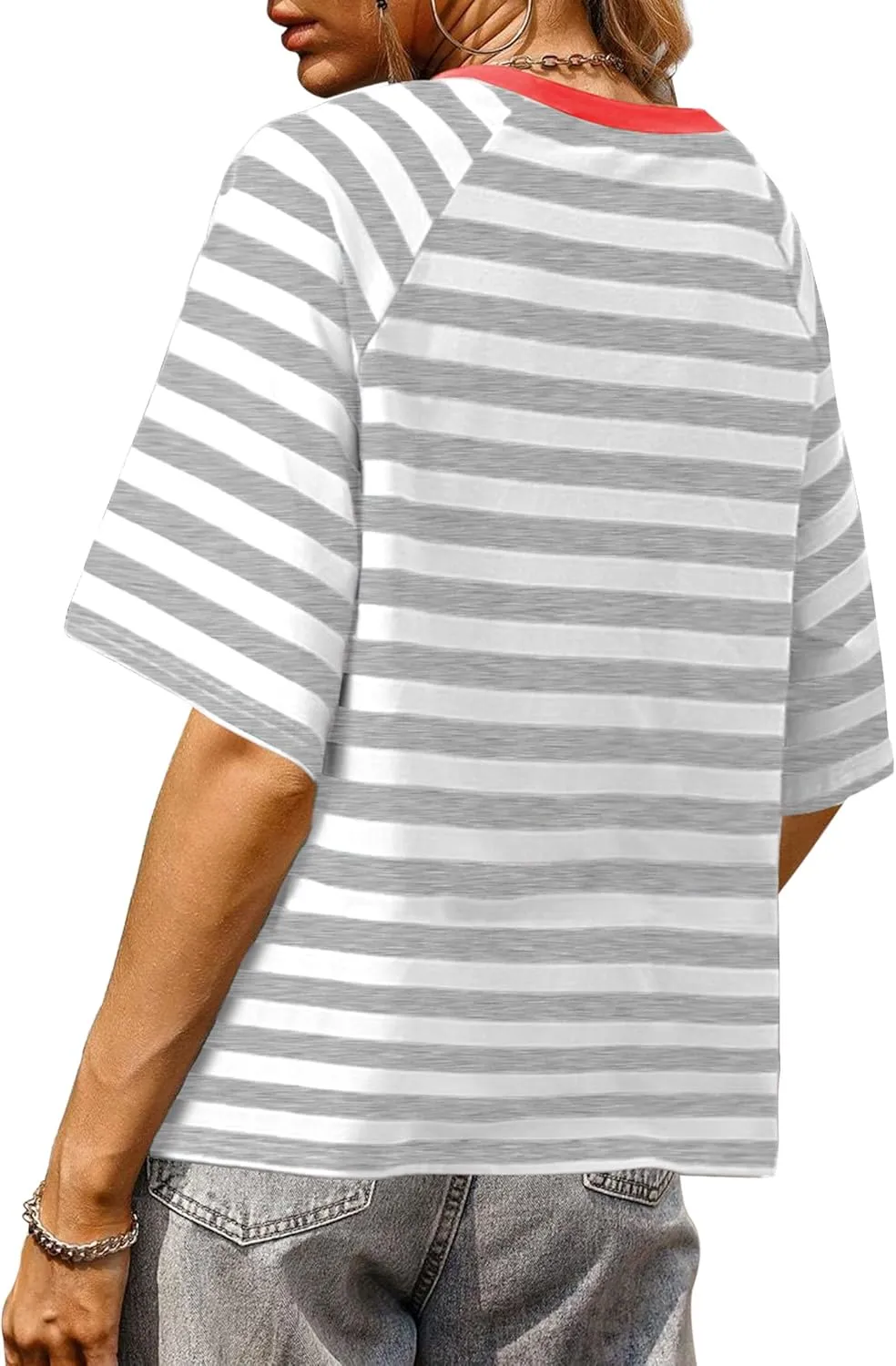 Buauty Women Oversized Striped T Shirts, Color Block Summer Tops, Crew Neck Short Sleeve Casual Tee, Fashion Trendy Loose Top