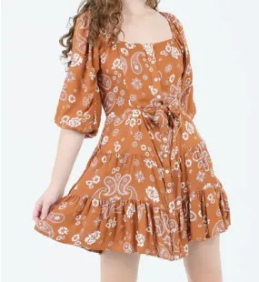Button Tie Peekaboo Paisley Dress