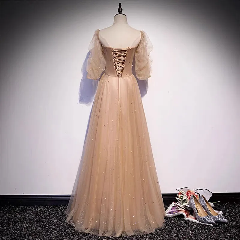 Champagne Flowy Prom Dress with Sleeves