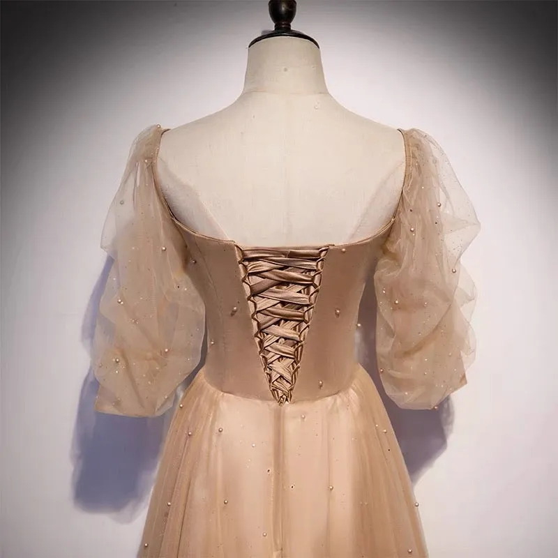 Champagne Flowy Prom Dress with Sleeves