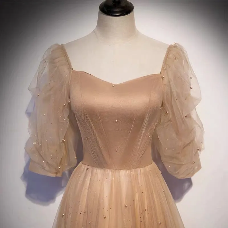 Champagne Flowy Prom Dress with Sleeves