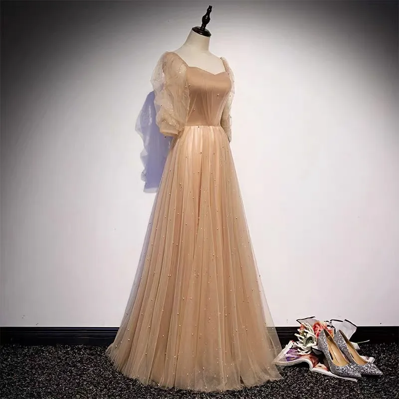 Champagne Flowy Prom Dress with Sleeves