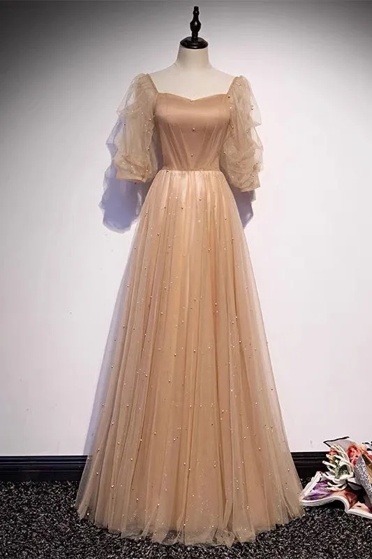 Champagne Flowy Prom Dress with Sleeves