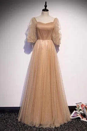 Champagne Flowy Prom Dress with Sleeves