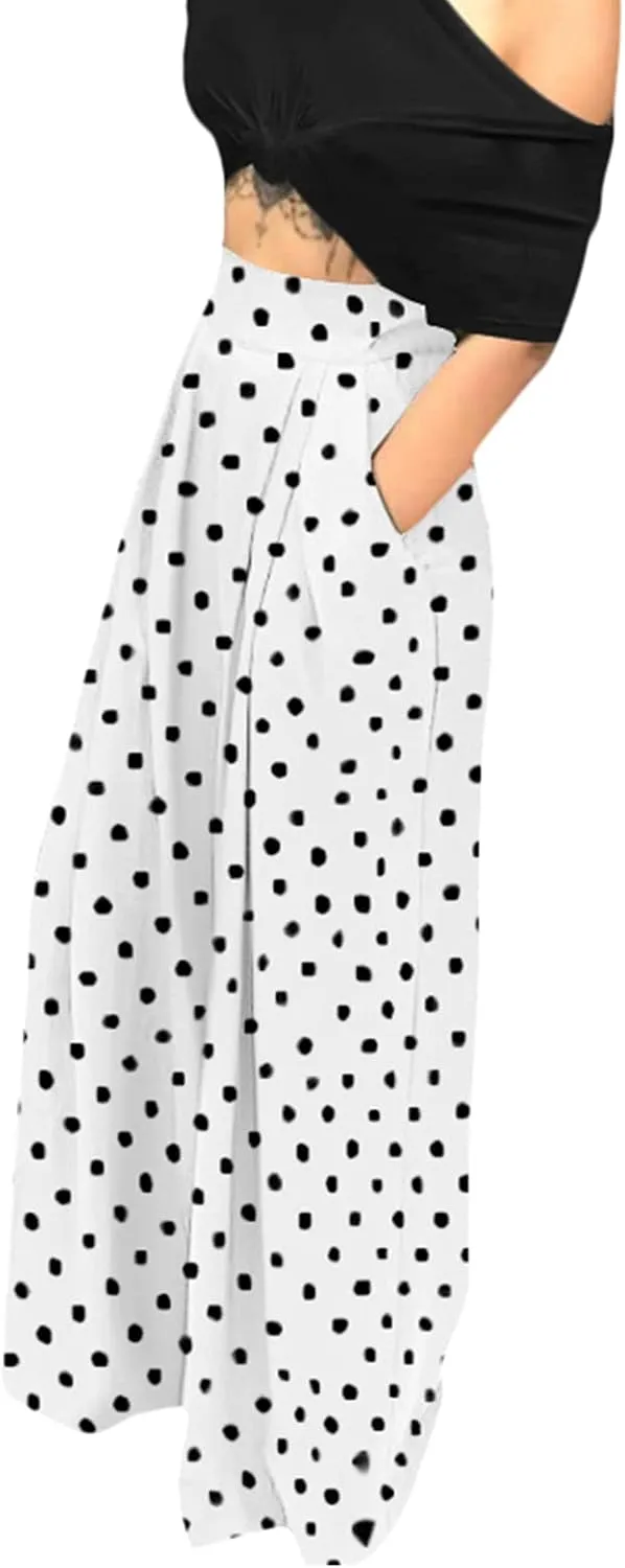 Chatinction Women's Casual Palazzo Pants High Waist Pleated Polka Dot Printed Wide Leg Pants with Pockets