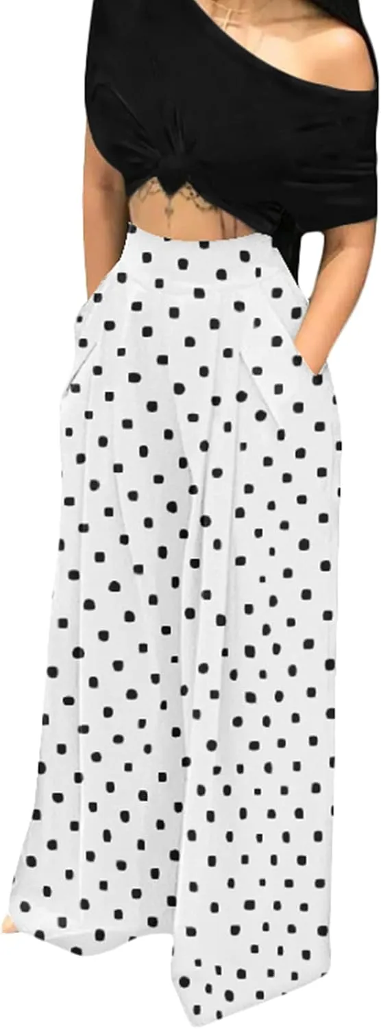 Chatinction Women's Casual Palazzo Pants High Waist Pleated Polka Dot Printed Wide Leg Pants with Pockets