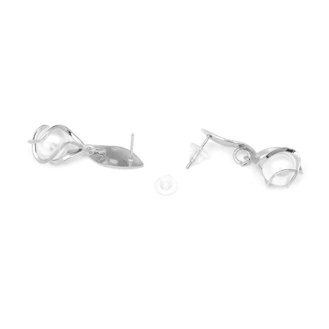Chic Silver-Toned Earrings With Lustrous Pearl Drops.