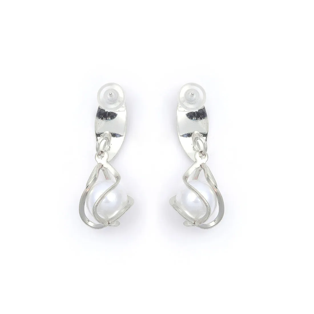 Chic Silver-Toned Earrings With Lustrous Pearl Drops.