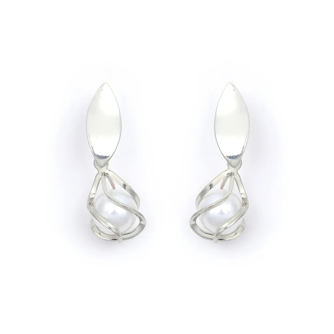 Chic Silver-Toned Earrings With Lustrous Pearl Drops.