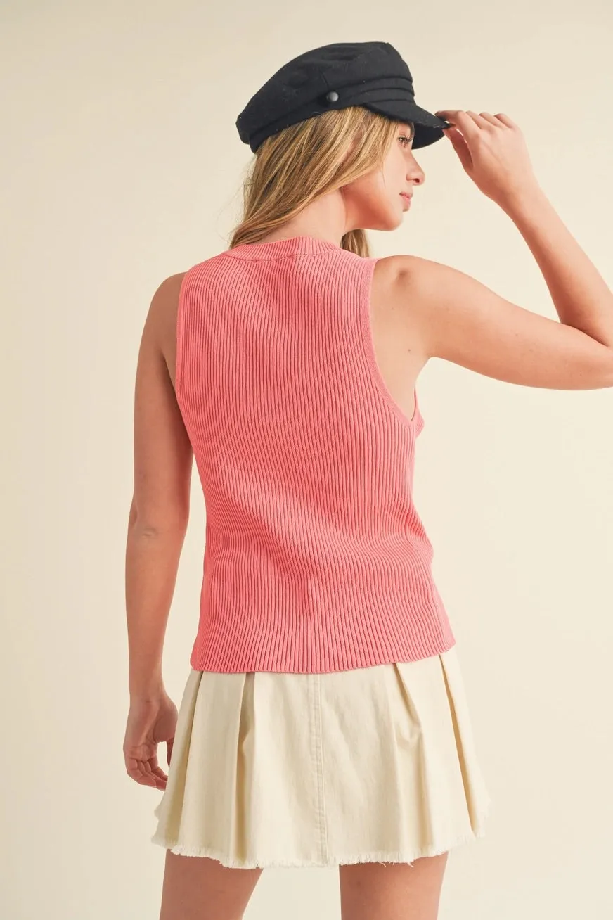 Coral Ribbed Knit Sleeveless Top