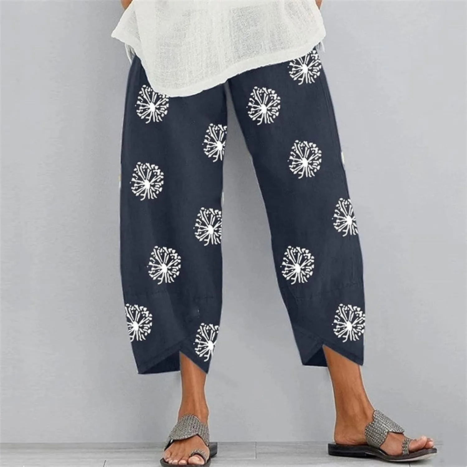 Cotton Linen Capri Pants for Women 2025 Casual Printed Cropped Palazzo Pants Elastic Waist Lounge Baggy Trousers