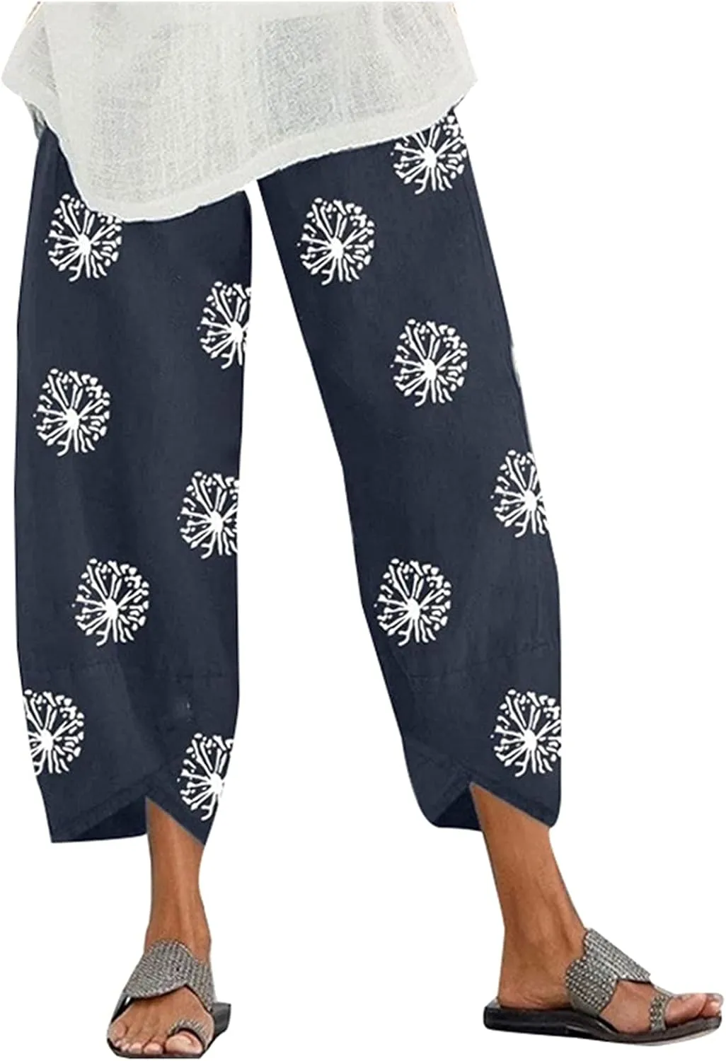Cotton Linen Capri Pants for Women 2025 Casual Printed Cropped Palazzo Pants Elastic Waist Lounge Baggy Trousers