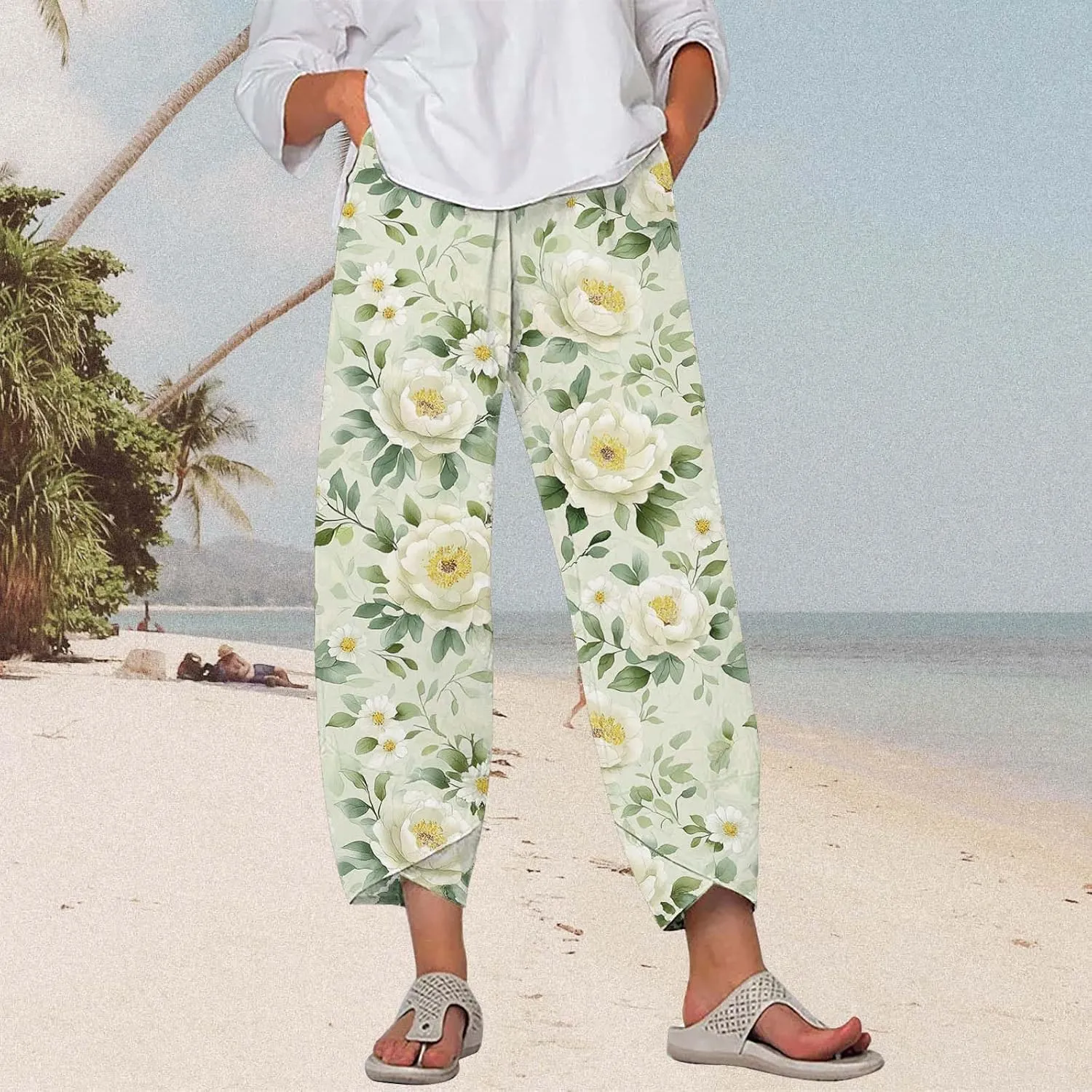 Cotton Linen Pants for Women 2025 Summer Capri Print Wide Leg Pants Palazzo Cropped Comfy Trousers with Pockets
