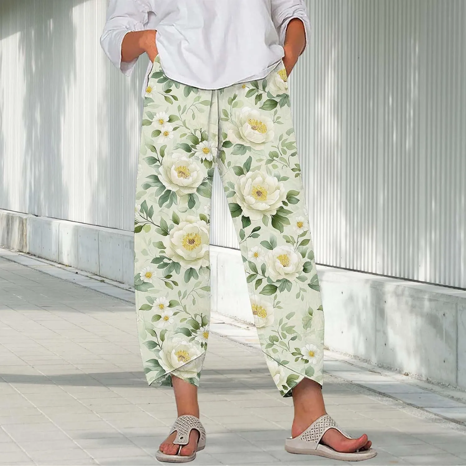 Cotton Linen Pants for Women 2025 Summer Capri Print Wide Leg Pants Palazzo Cropped Comfy Trousers with Pockets