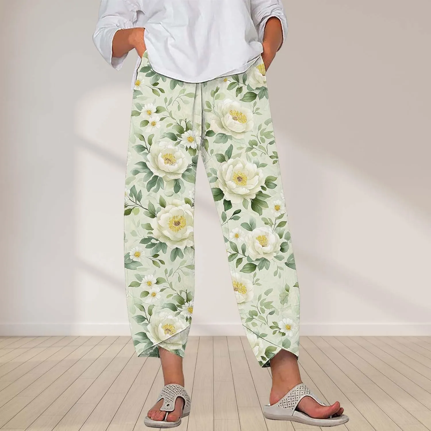 Cotton Linen Pants for Women 2025 Summer Capri Print Wide Leg Pants Palazzo Cropped Comfy Trousers with Pockets