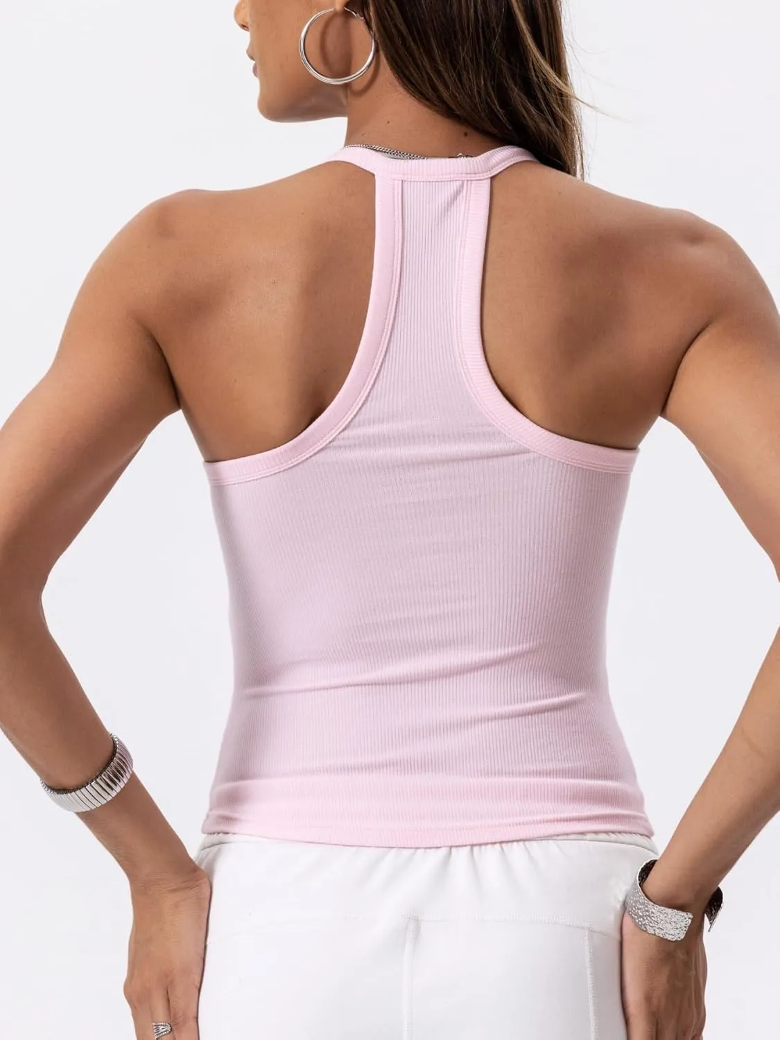 Danysu V Neck Racer Back Tank Top for Women Padded Ribbed Long Tank Fitted Basic Cami Tops