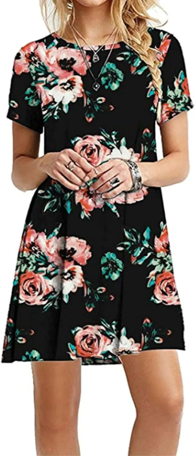 FLITAY Womens Casual Floral Simple Dress Loose Tunic T-Shirt Dress Summer Beach Flowy Dress
