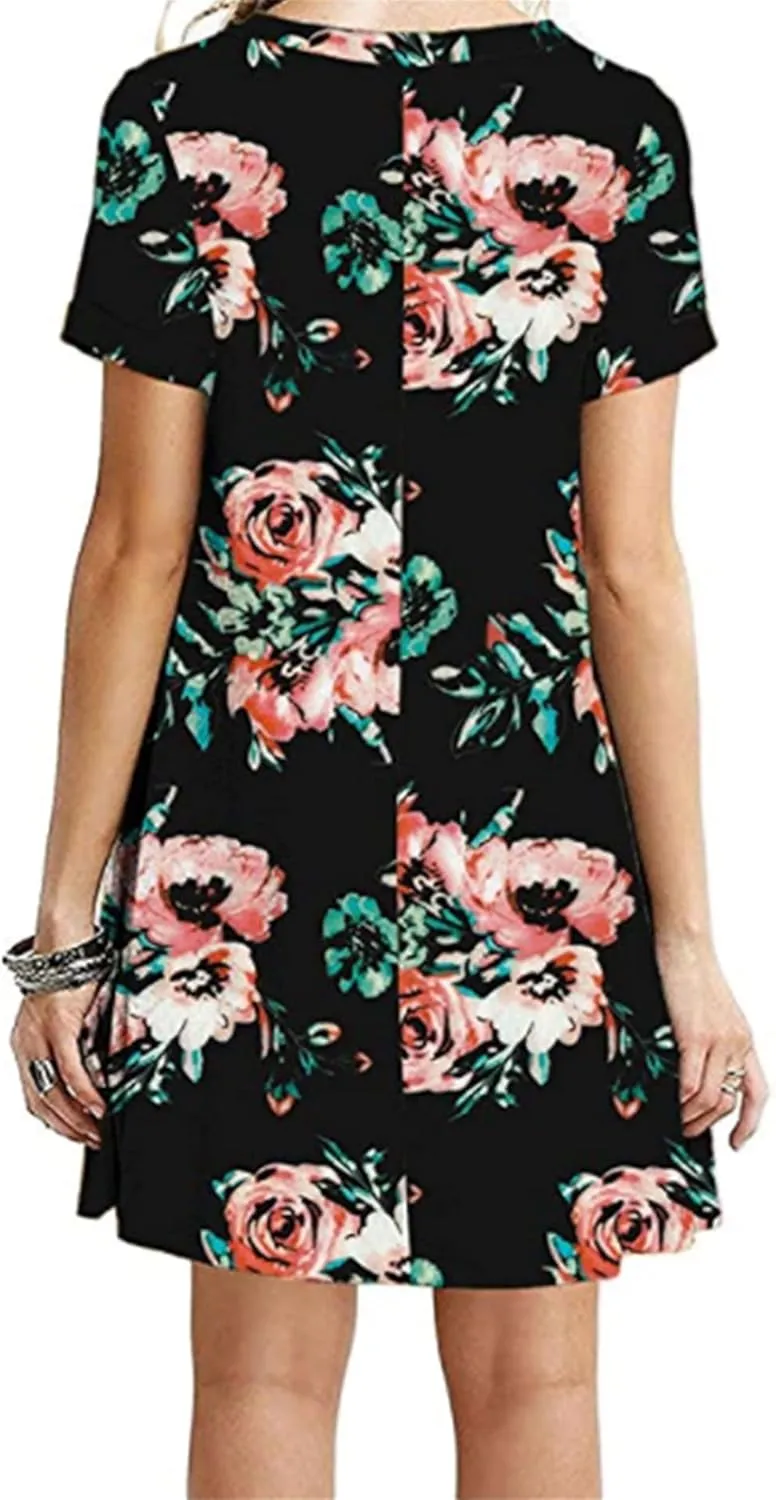 FLITAY Womens Casual Floral Simple Dress Loose Tunic T-Shirt Dress Summer Beach Flowy Dress
