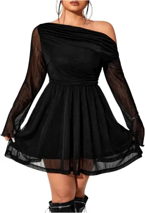 Floerns Women's Plus Size Asymmetrical Neck Mesh Short Dress Long Sleeve Flare Hem Dresses