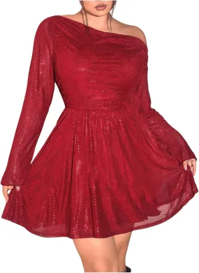 Floerns Women's Plus Size Asymmetrical Neck Mesh Short Dress Long Sleeve Flare Hem Dresses