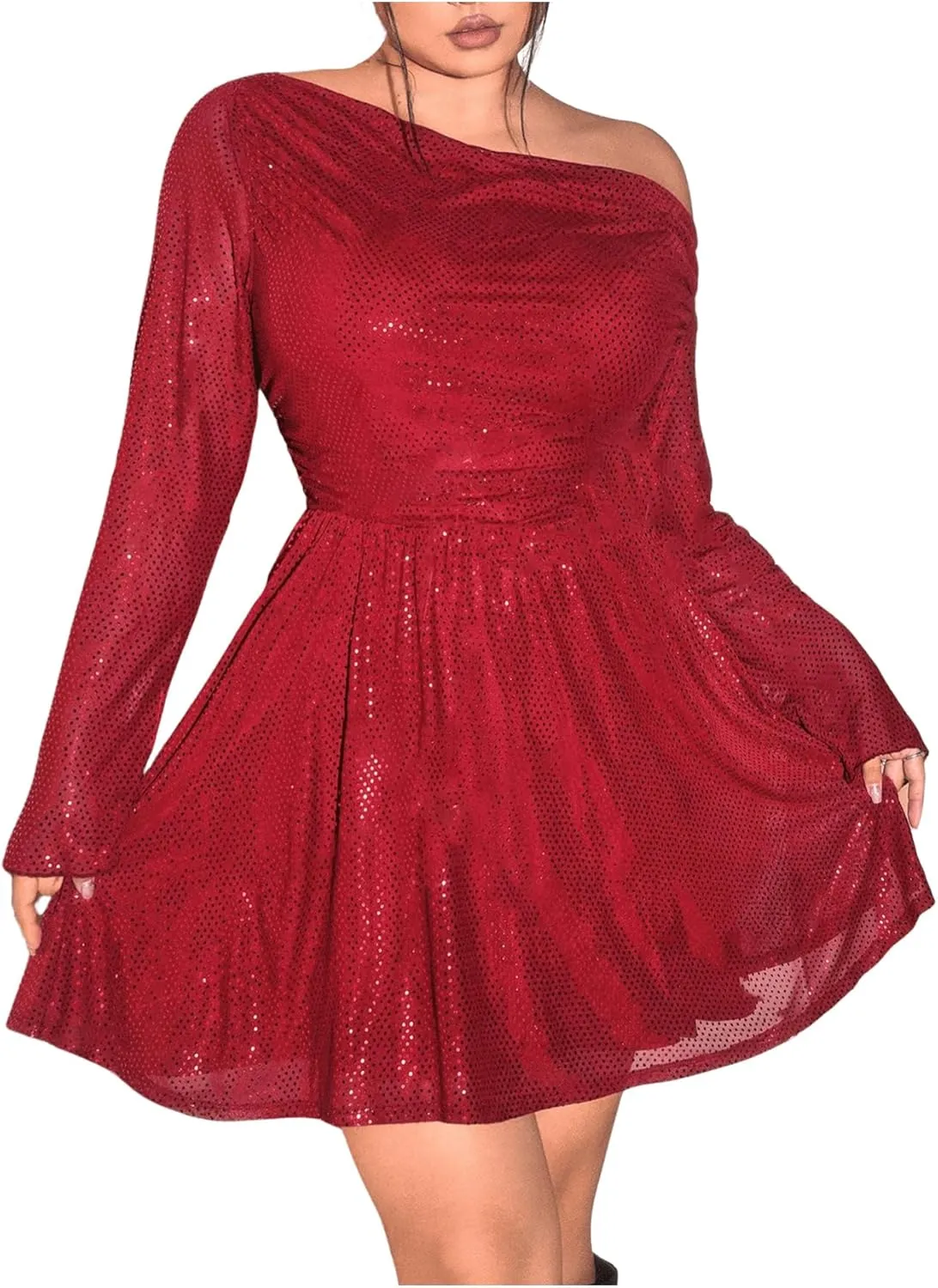 Floerns Women's Plus Size Asymmetrical Neck Mesh Short Dress Long Sleeve Flare Hem Dresses