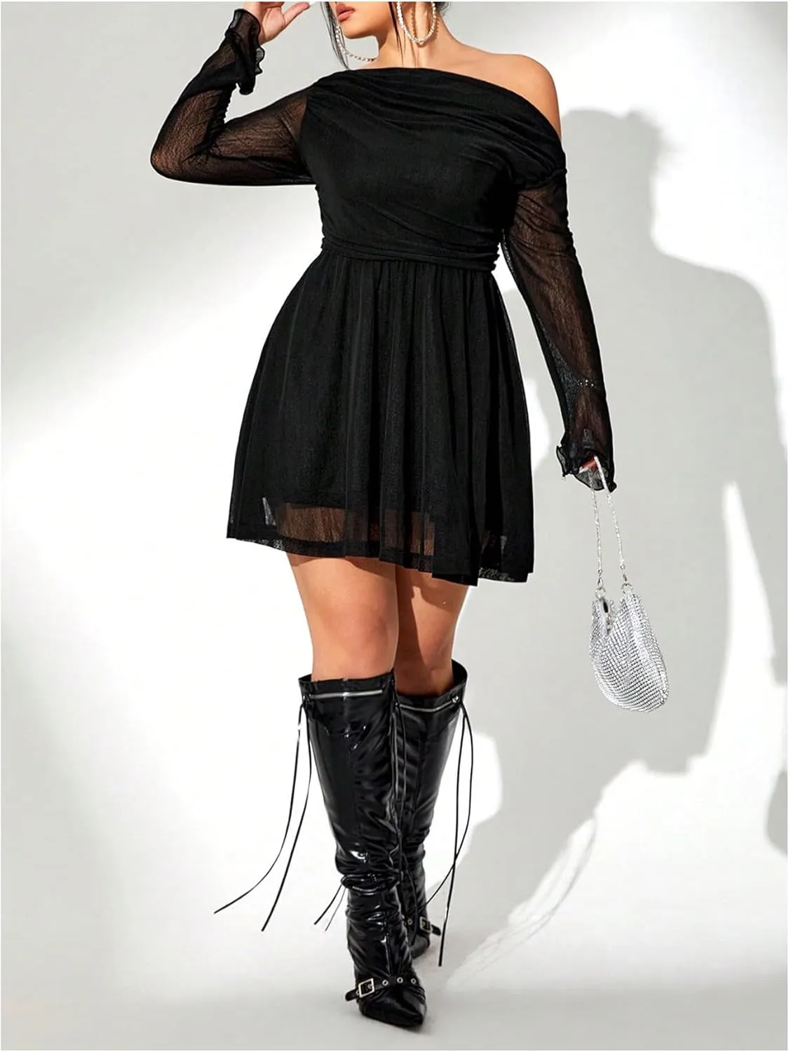 Floerns Women's Plus Size Asymmetrical Neck Mesh Short Dress Long Sleeve Flare Hem Dresses