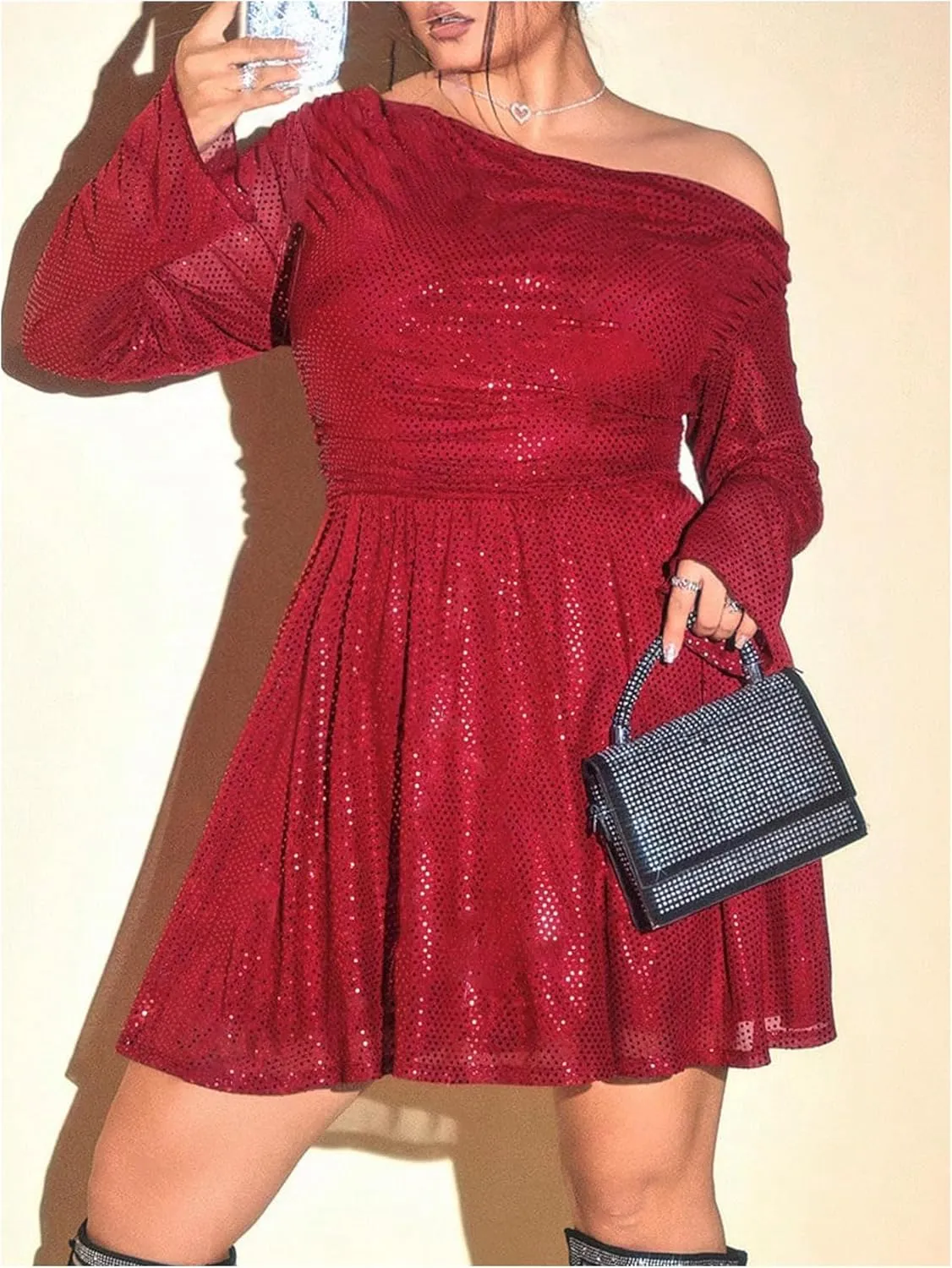 Floerns Women's Plus Size Asymmetrical Neck Mesh Short Dress Long Sleeve Flare Hem Dresses
