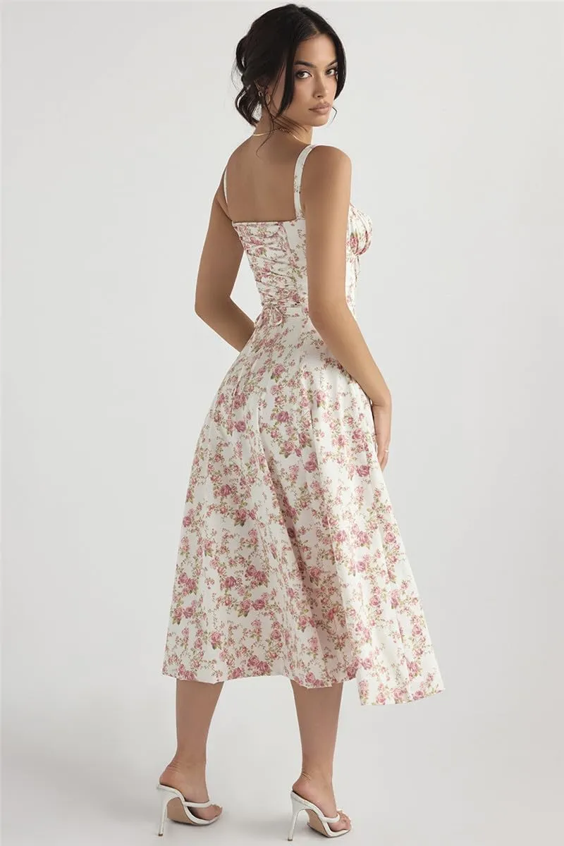 Floral Bustier Midriff Waist Shaper Dress, Print Bustier Sundress Sundresses for Women Slit Long Printed Dress