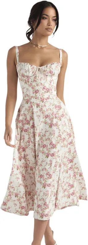 Floral Bustier Midriff Waist Shaper Dress, Print Bustier Sundress Sundresses for Women Slit Long Printed Dress