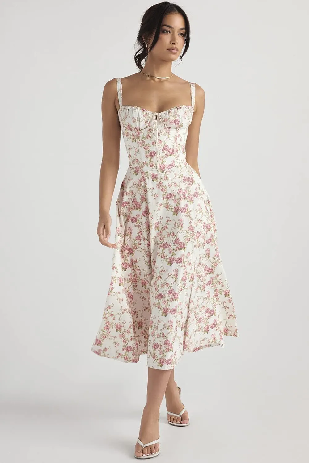 Floral Bustier Midriff Waist Shaper Dress, Print Bustier Sundress Sundresses for Women Slit Long Printed Dress