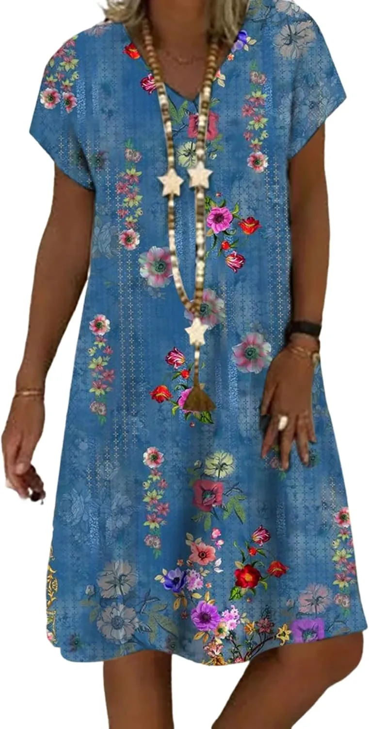 Flowy Mini Beach Summer Dresses for Women Stylish Blue Floral Print V-Neck Short Sleeve Shift 2025 Dress