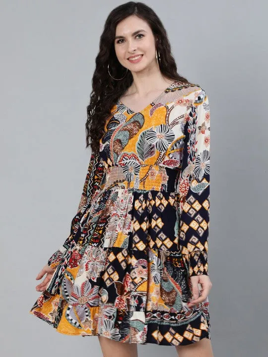 Flowy Rayon Multi-Colored Floral Fit & Flare Dress