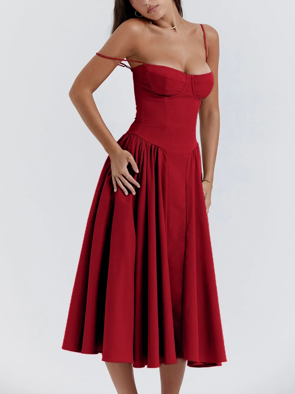Flytonn- Samaria Red Corset Midi Sundress
