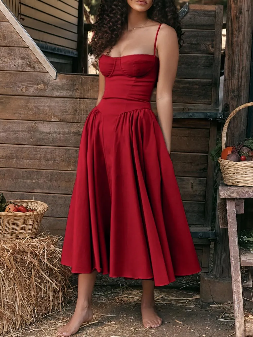 Flytonn- Samaria Red Corset Midi Sundress