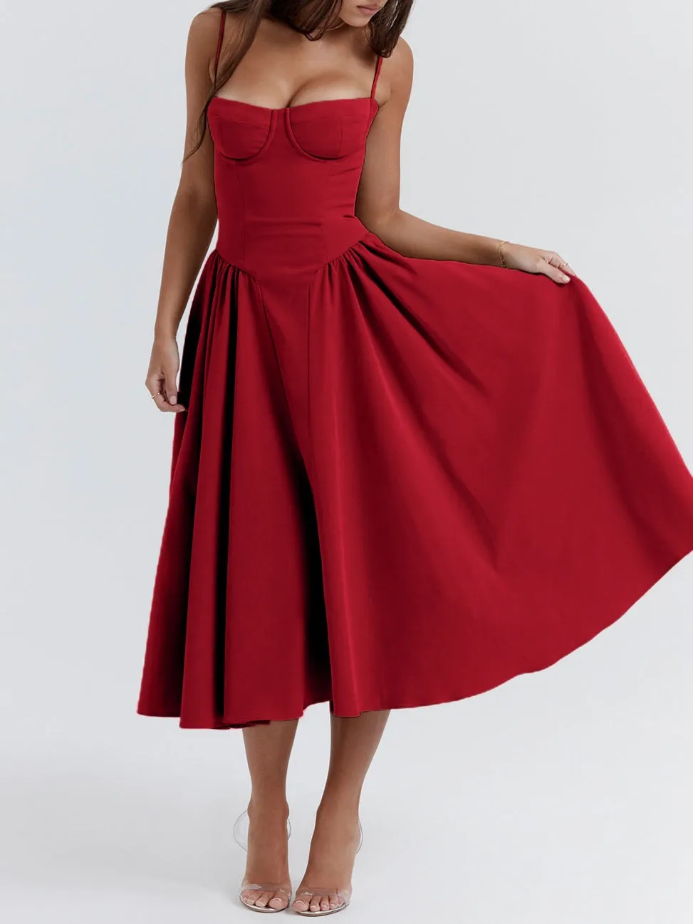 Flytonn- Samaria Red Corset Midi Sundress