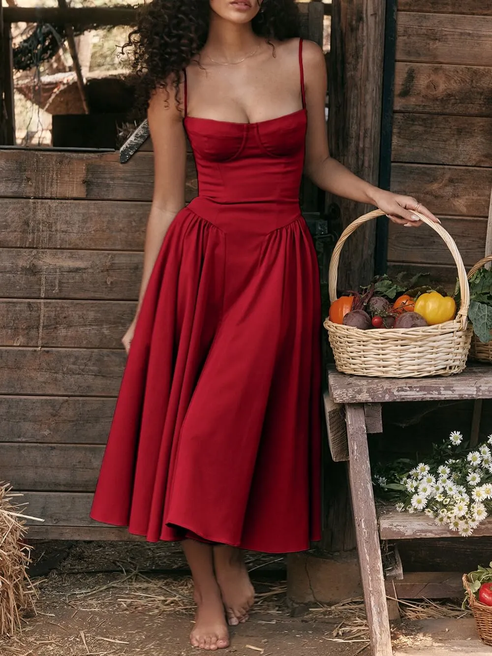 Flytonn- Samaria Red Corset Midi Sundress