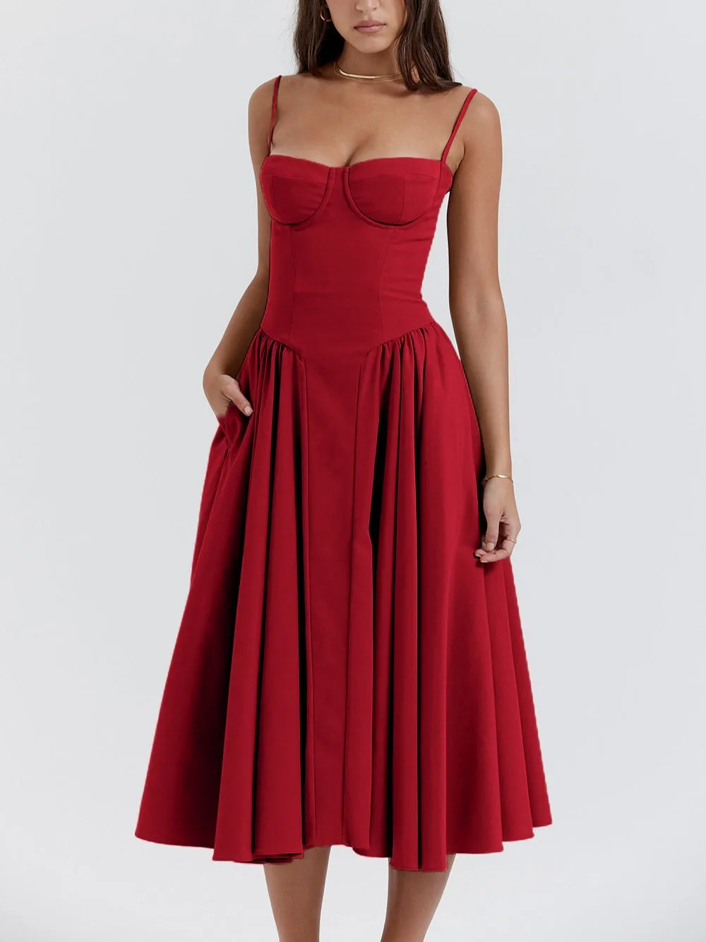 Flytonn- Samaria Red Corset Midi Sundress
