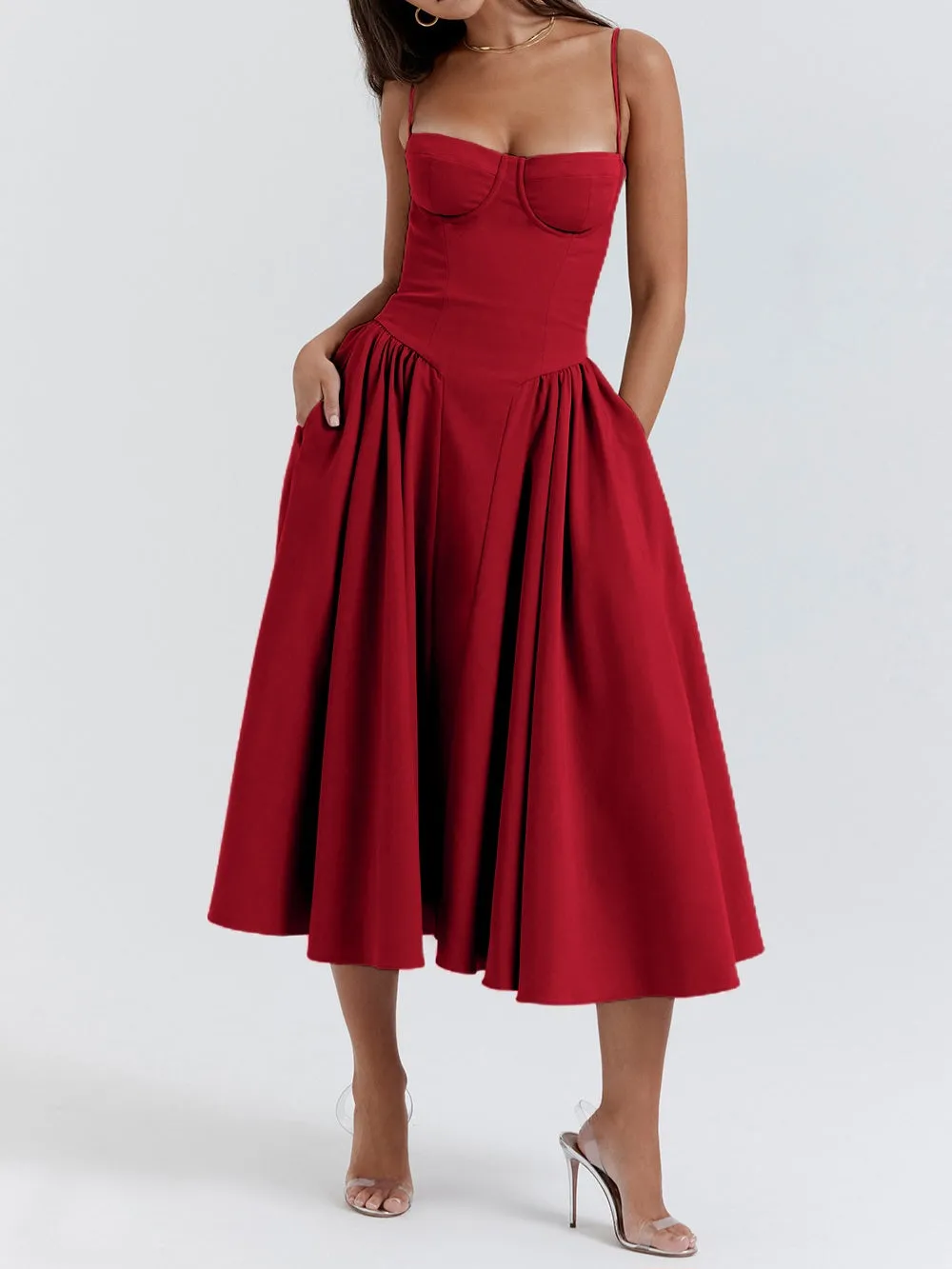 Flytonn- Samaria Red Corset Midi Sundress