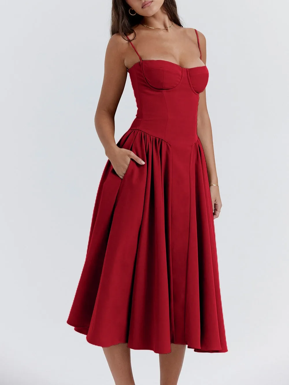 Flytonn- Samaria Red Corset Midi Sundress