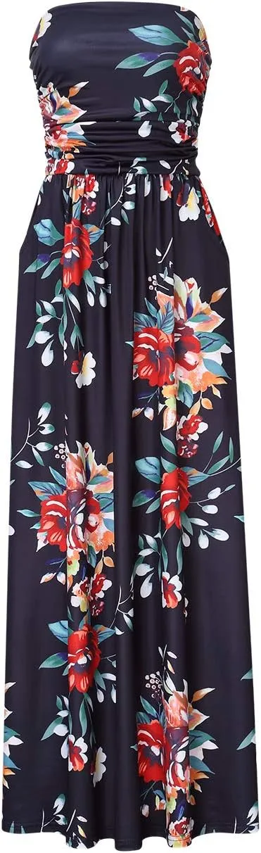 GloryStar Women Strapless Floral Print Bohemian Boho Maxi Dress Casual Off Shoulder Beach Party Dress with Pockets (L, A-Black red Print)