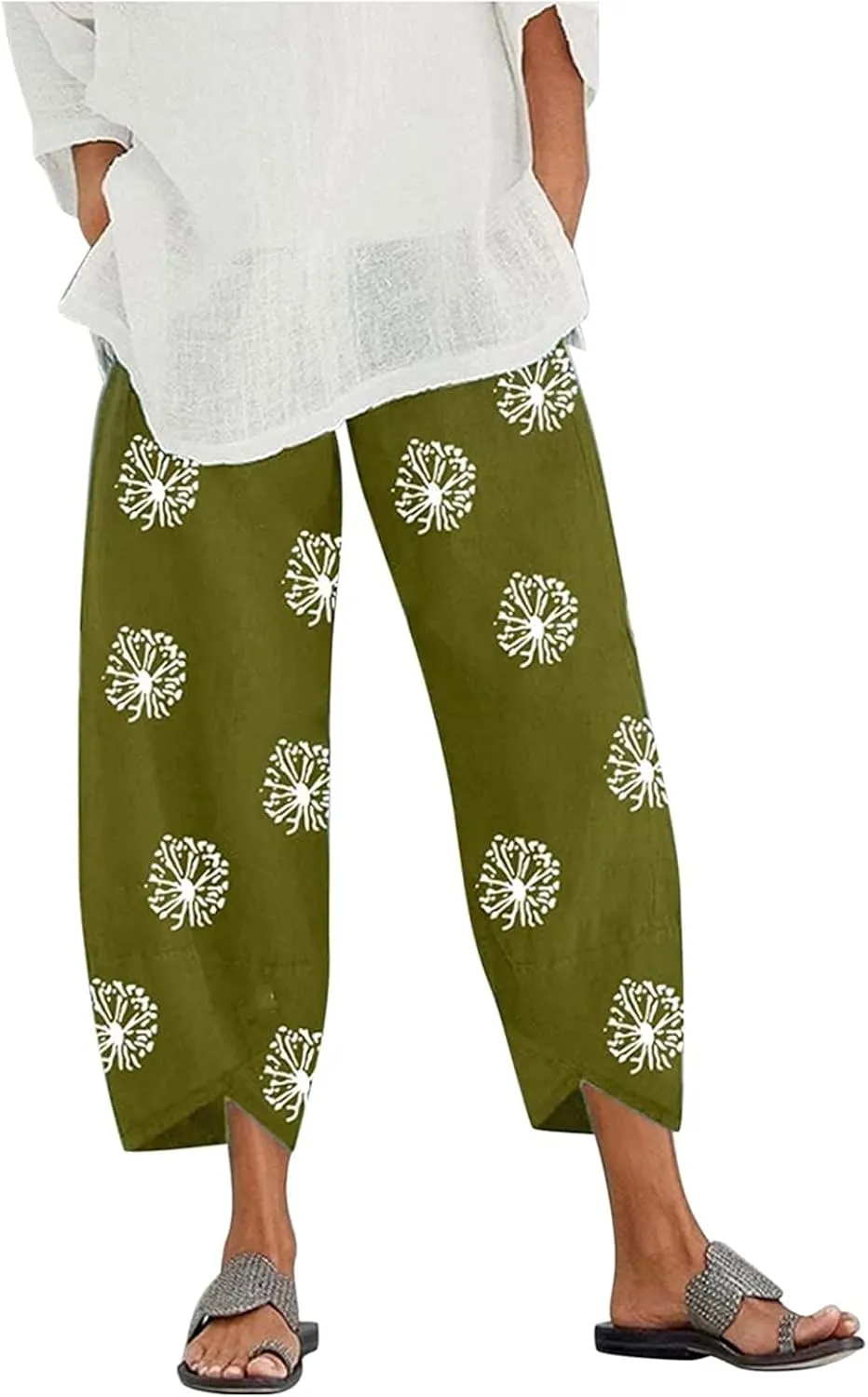 Guteidee Cotton Linen Casual Summer Capri Pants Printed Cropped Comfy Baggy Trousers with Pockets Palazzo Lounge Pants